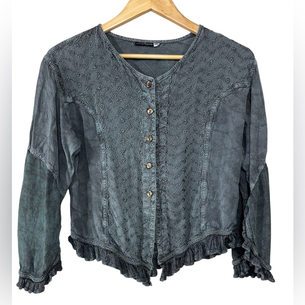 L.Pogee S/M Denim Black Pin Tucks Lattice Embroidered Boho Lace Ruffle Blouse